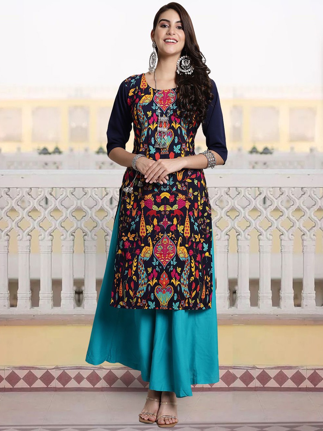 

7Threads Women Ethnic Motifs Printed Sequinned Floral Crepe Kurta, Multi