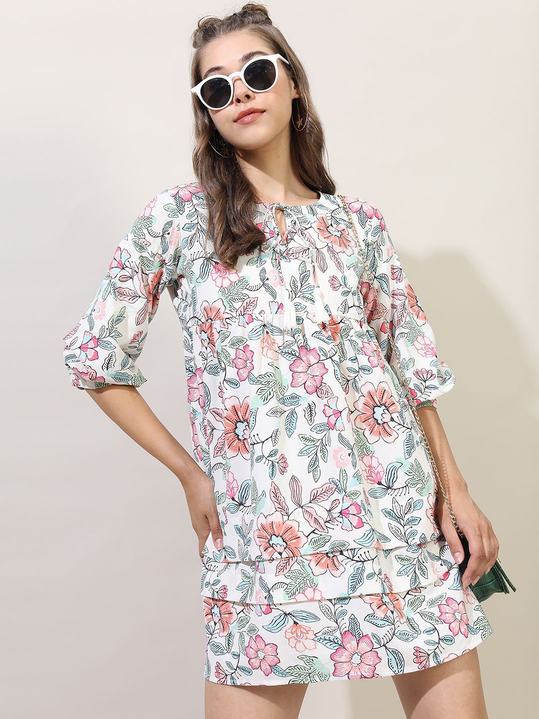 

Tokyo Talkies Floral Printed Tie-Up Neck Puff Sleeve A-Line Dress, White