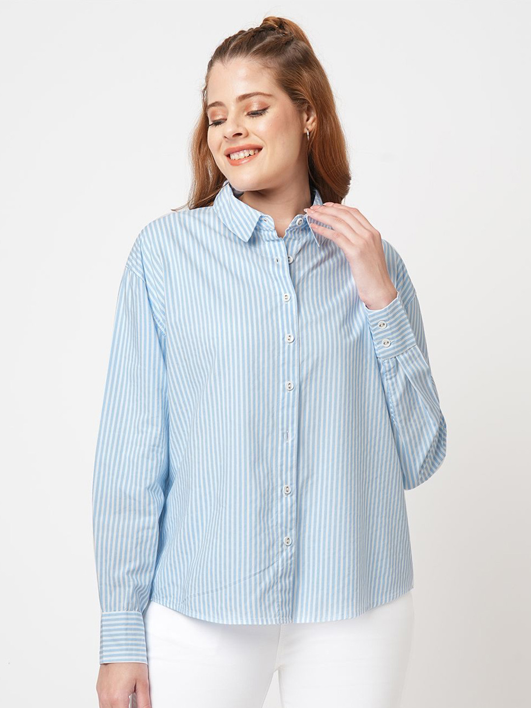 

Kraus Jeans Women Slim Fit Opaque Striped Casual Shirt, White