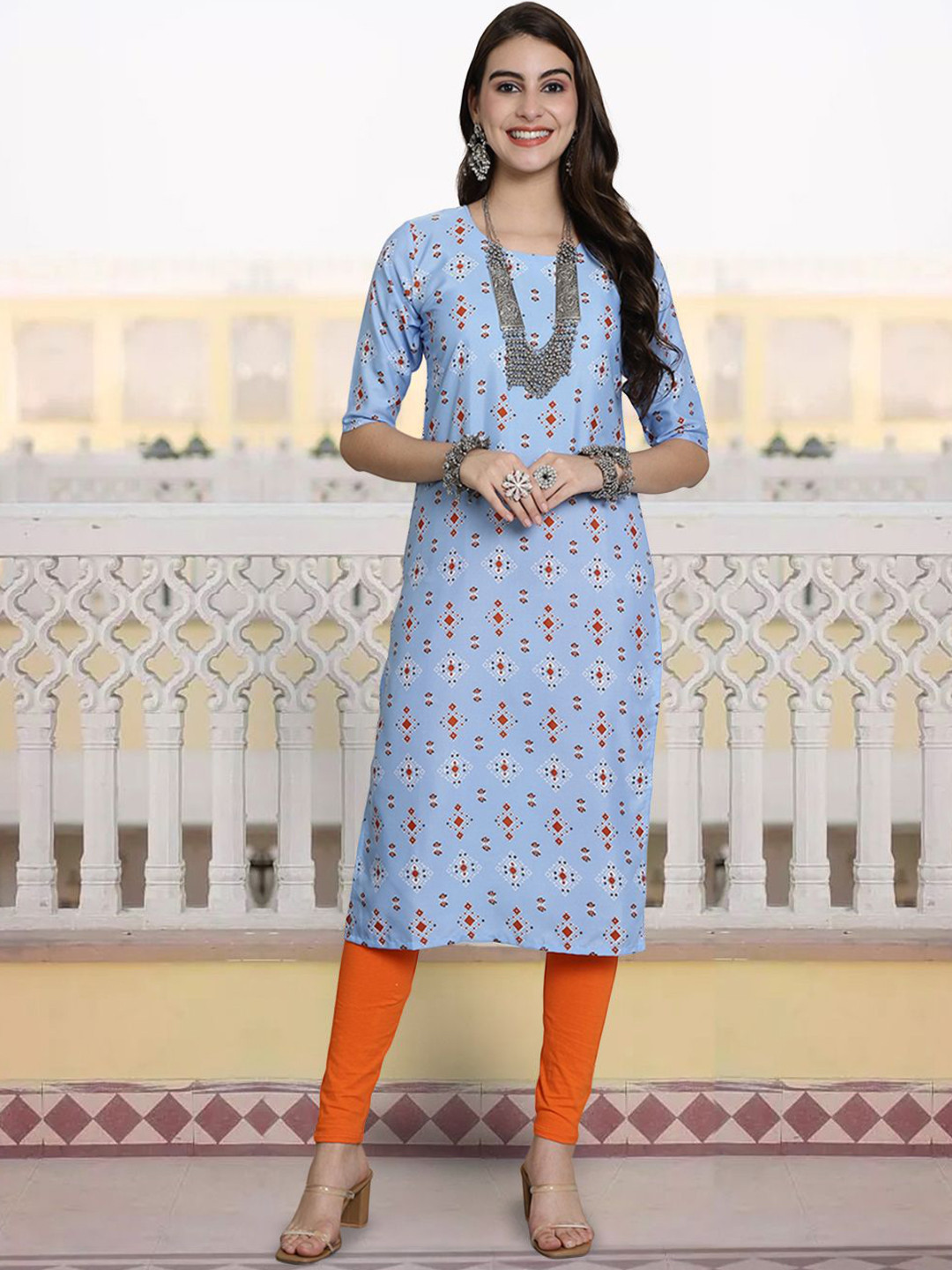 

7Threads Women Geometric Printed Flared Sleeves Thread Work Floral Crepe Kurta, Multi