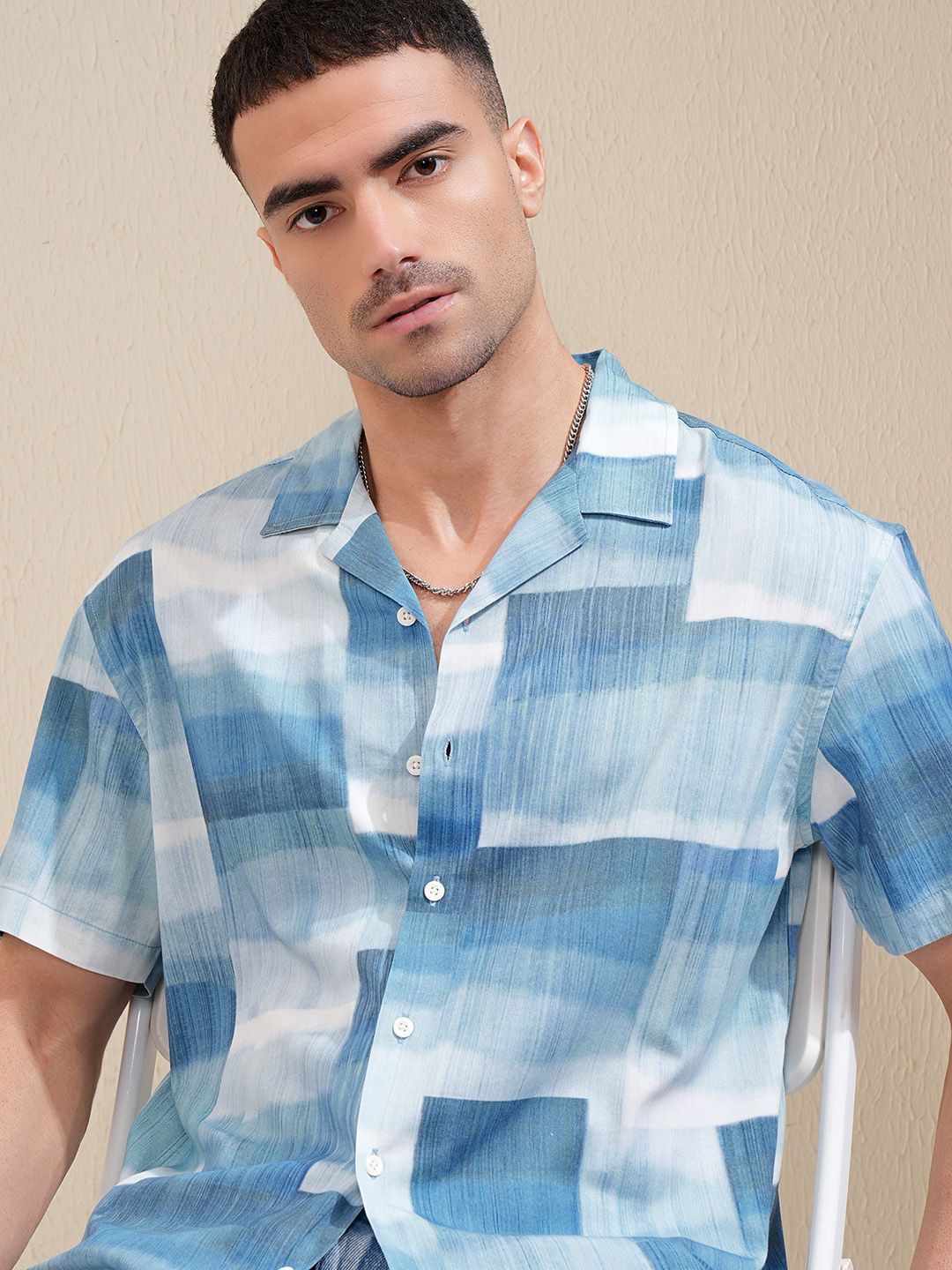 

LOCOMOTIVE Premium Men Printed Cuban Collar Relaxed Fit Shirt, Blue