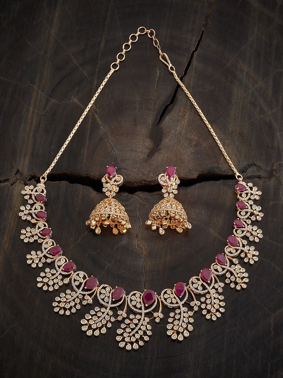 

Kushal's Fashion Jewellery Gold-Plated Ruby CZ-Studded Necklace and Earrings