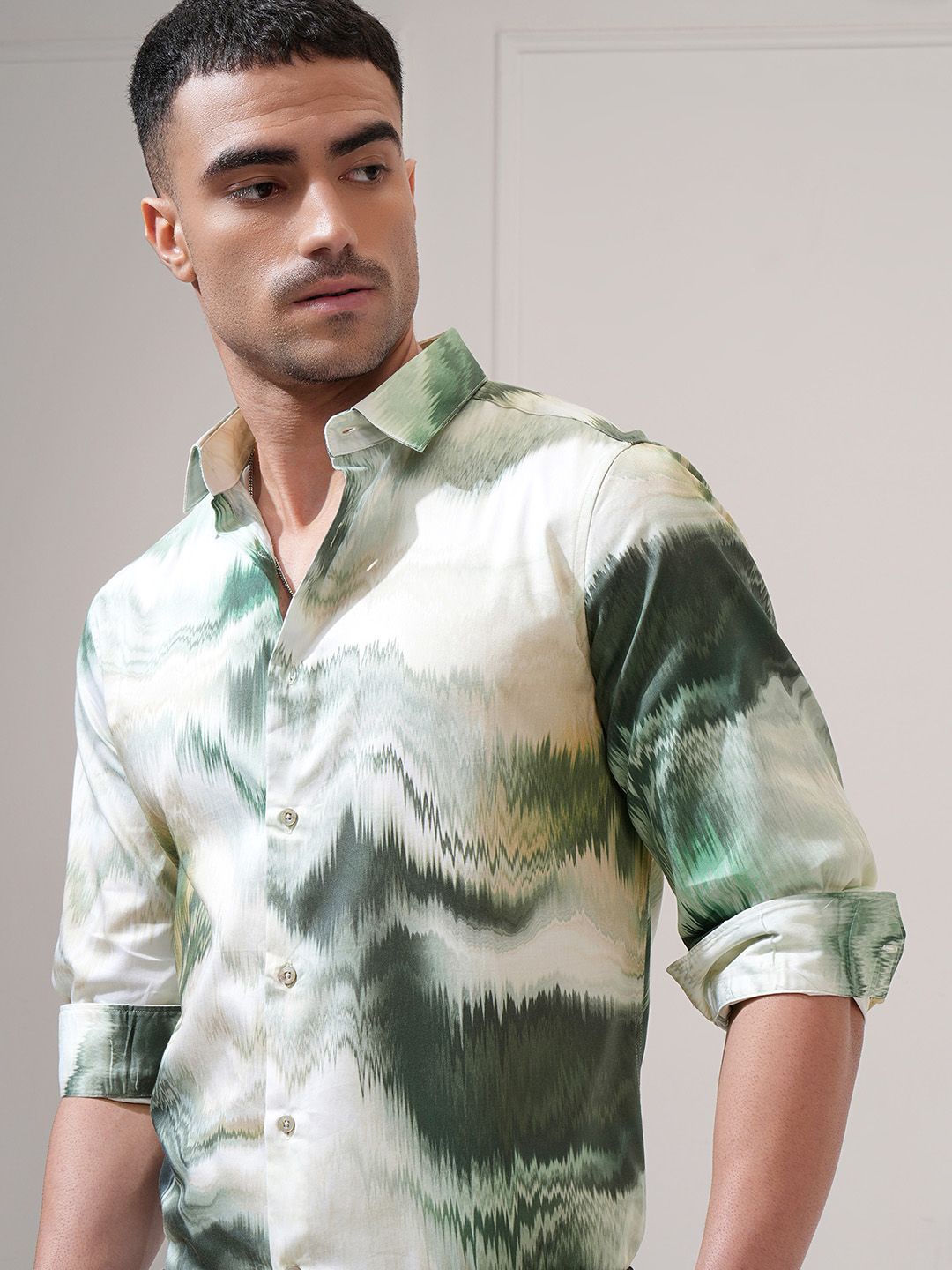 

LOCOMOTIVE Luxe Men Satin Printed Occasion Slim Fit Shirt, Green