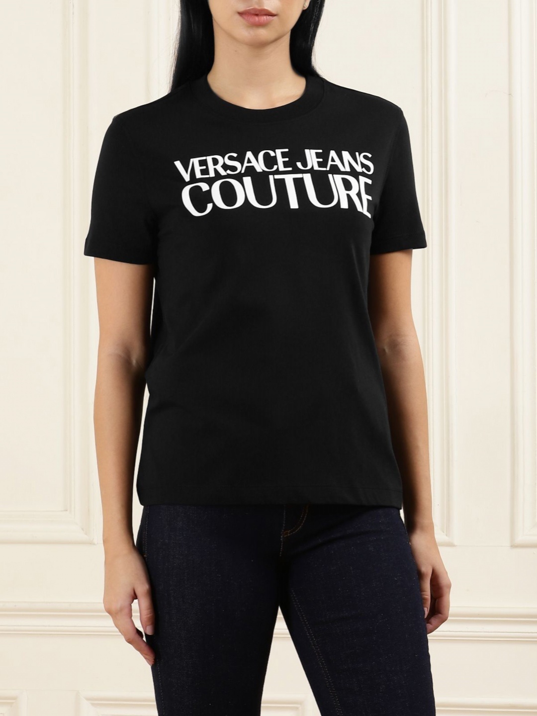 

Versace Jeans Couture Women Typography Printed Pockets T-shirt, Black