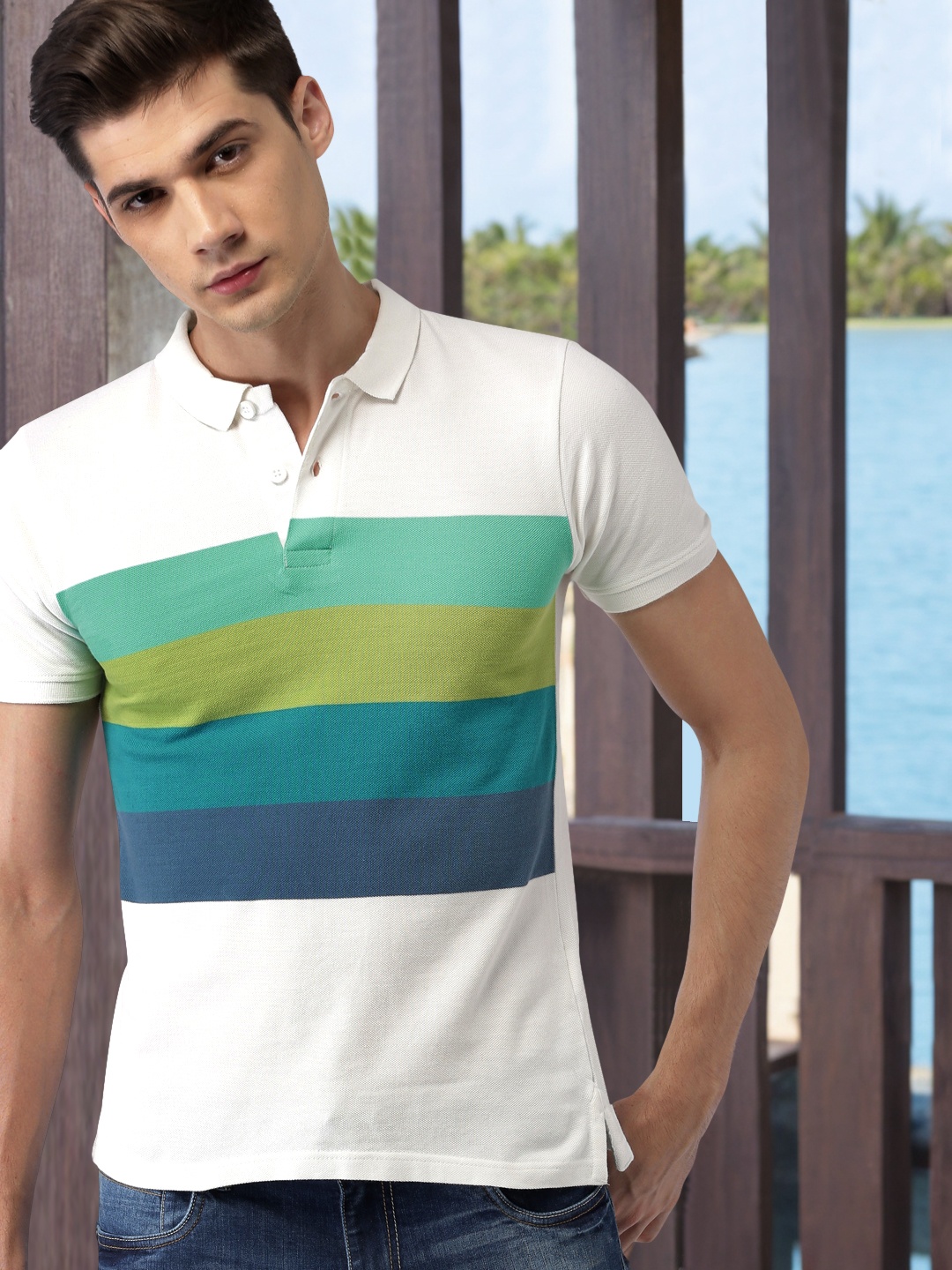 

Mast & Harbour Men Off-White & Sea Green Striped Polo Collar T-shirt