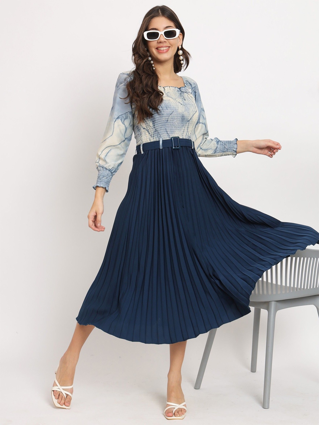 

Femvy Ethnic Motifs Printed Crepe Fit and Flare Midi Dress, Blue