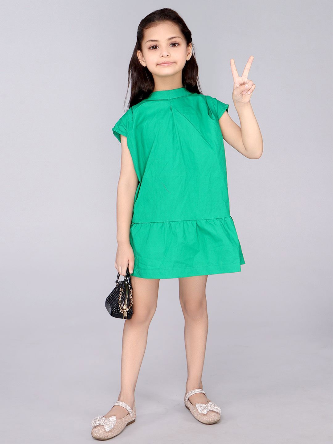 

DDOUDDOU Girls Mock Neck Cotton Drop-Waist Dress, Green