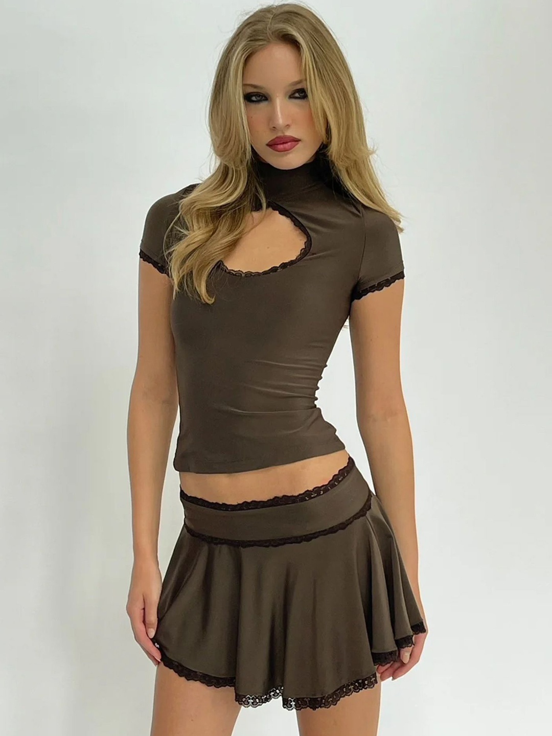 

LULU & SKY Self Design Crop Top & Skirt Co-Ord Set, Brown