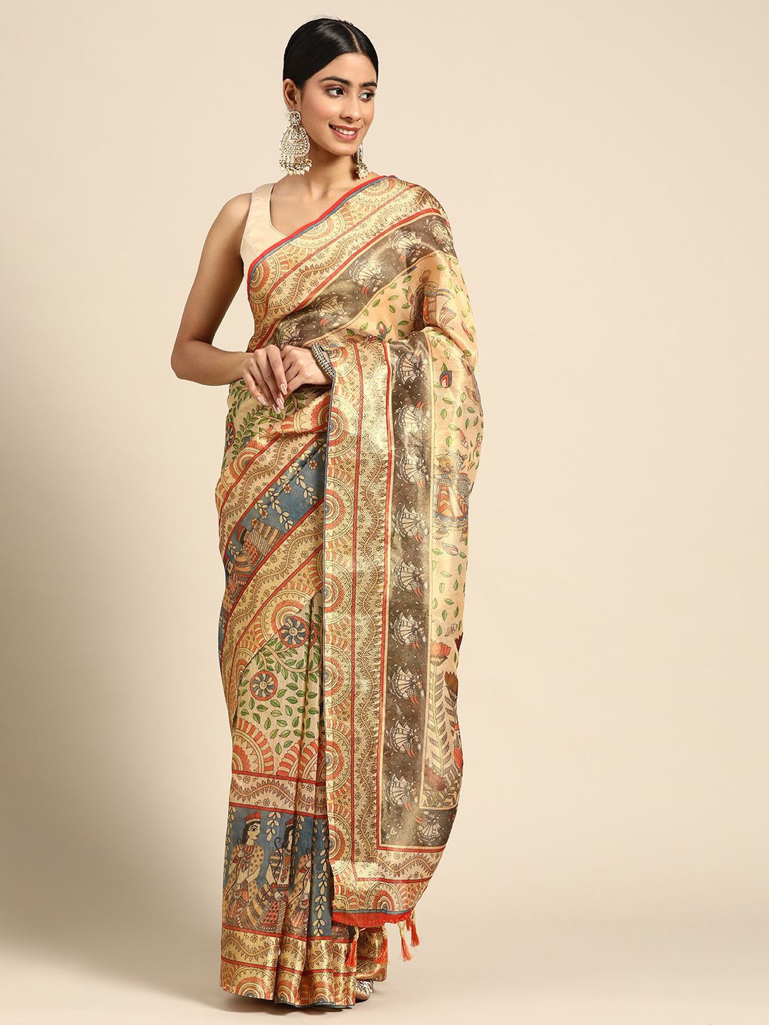 

Kaizen TEXO FAB Printed Ethnic Motifs Khadi Saree, Beige