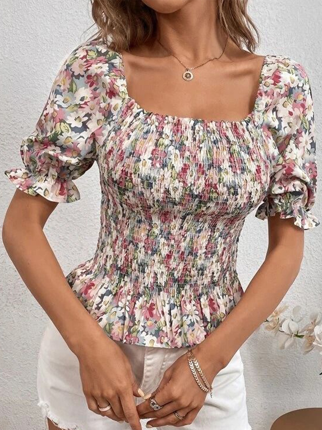 

Stylecast X Slyck Floral Printed Square Neck Regular Sleeve Top, White