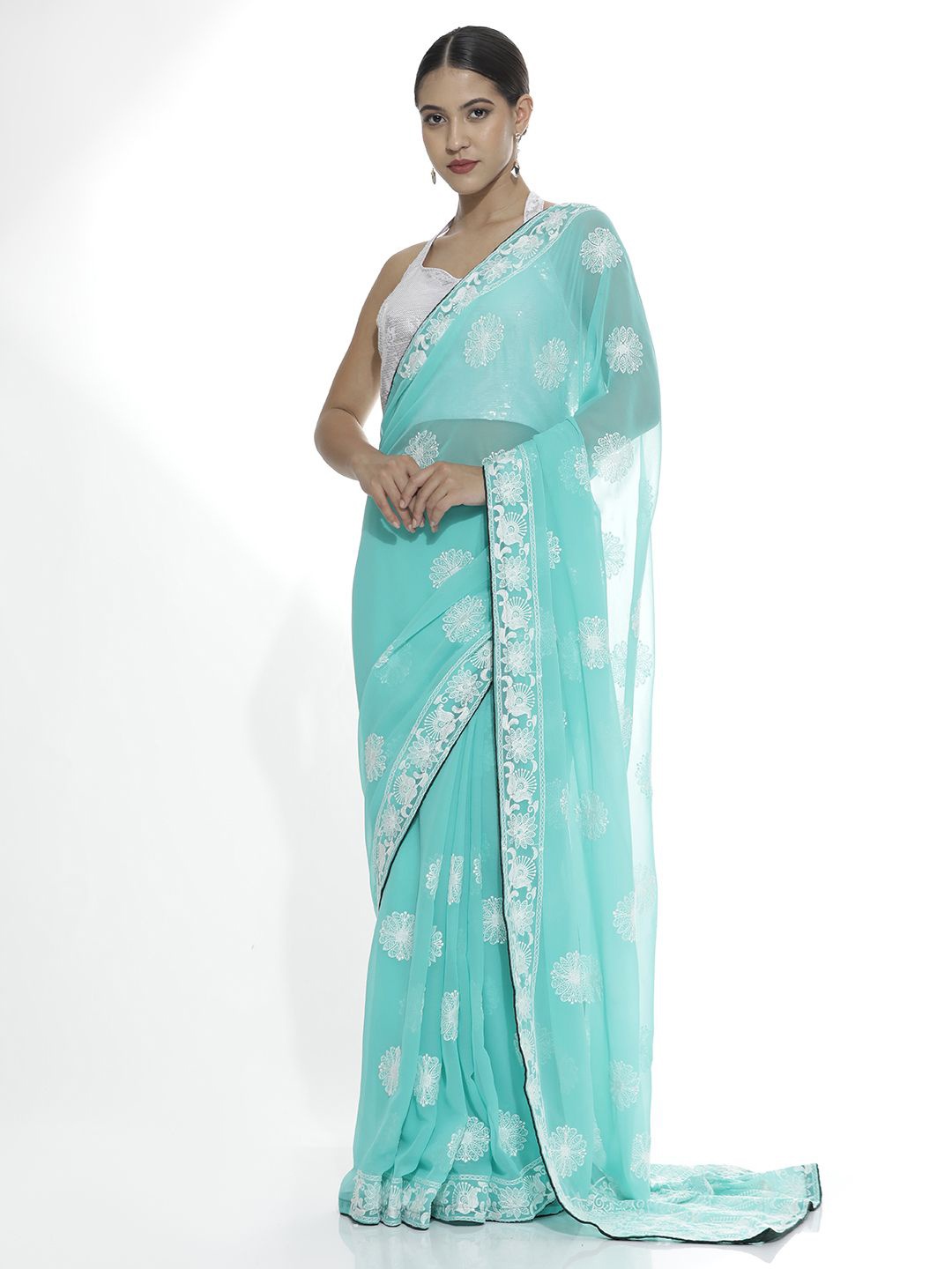 

Jaipur Kurti Floral Embroidered Pure Georgette Saree, Sea green