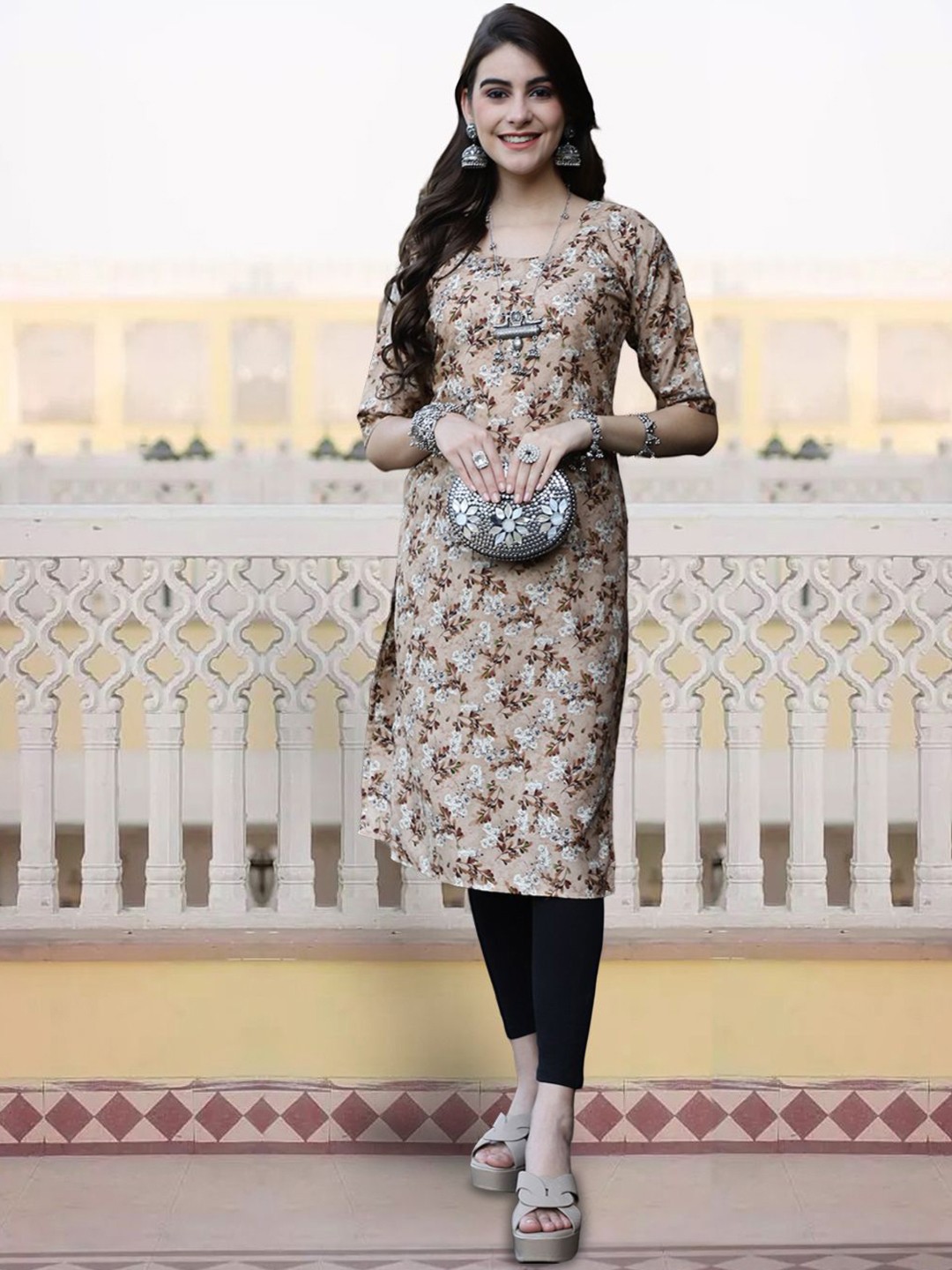 

7Threads Women Printed Flared Sleeves Floral Crepe Anarkali Kurta, Multi