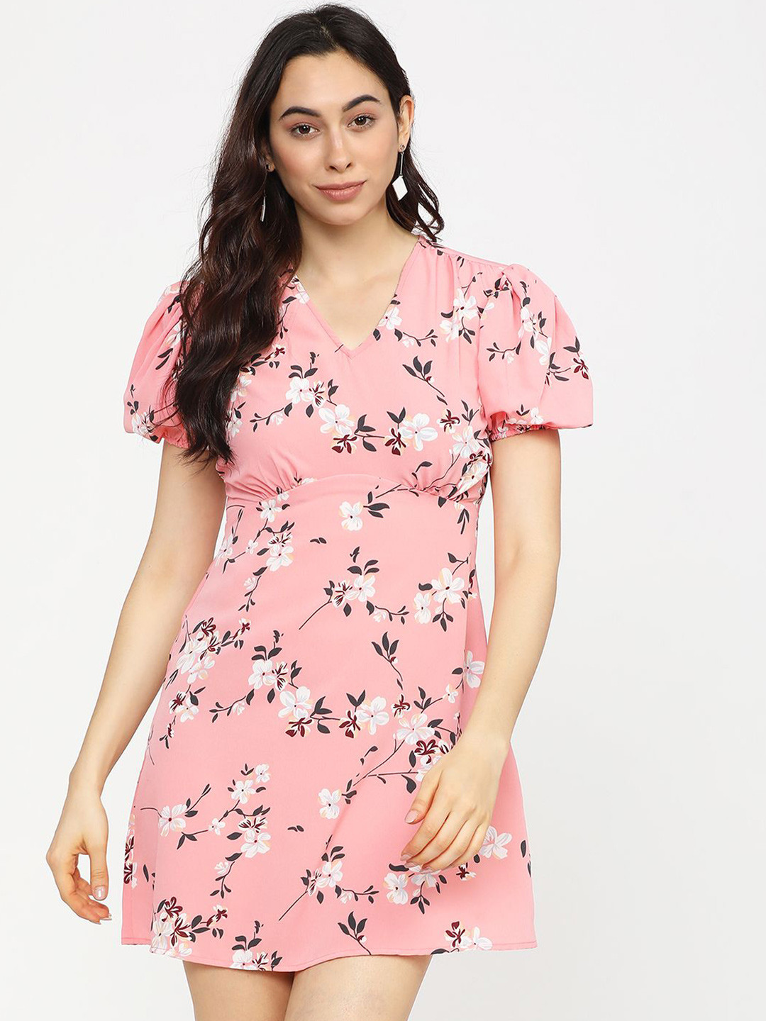 

Tokyo Talkies Floral Printed Puff Sleeves Empire Dress, Coral