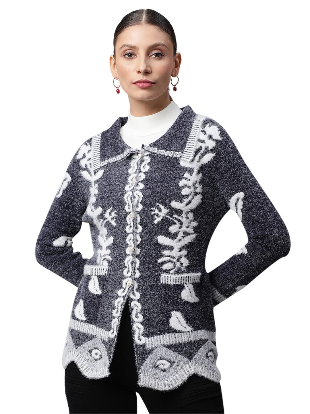 

Global Republic Women Floral Printed Cardigan, Navy blue