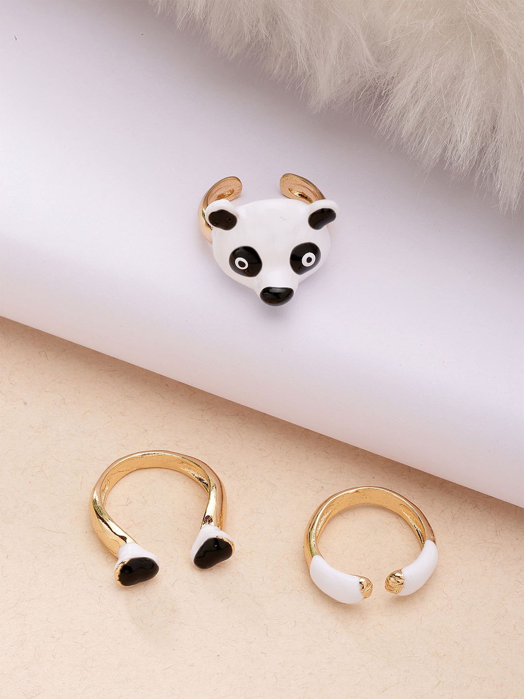

Bohey by KARATCART 3Pcs Gold-Plated Panda Design Finger Ring, White