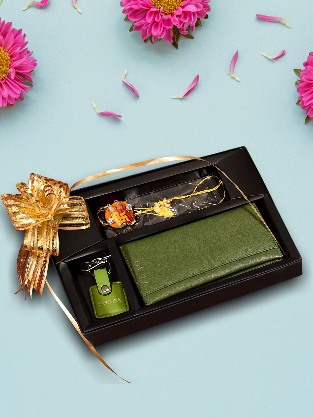 

Sassora Genuine Leather Wallet Keychain & Rakhi Gift Set, Green