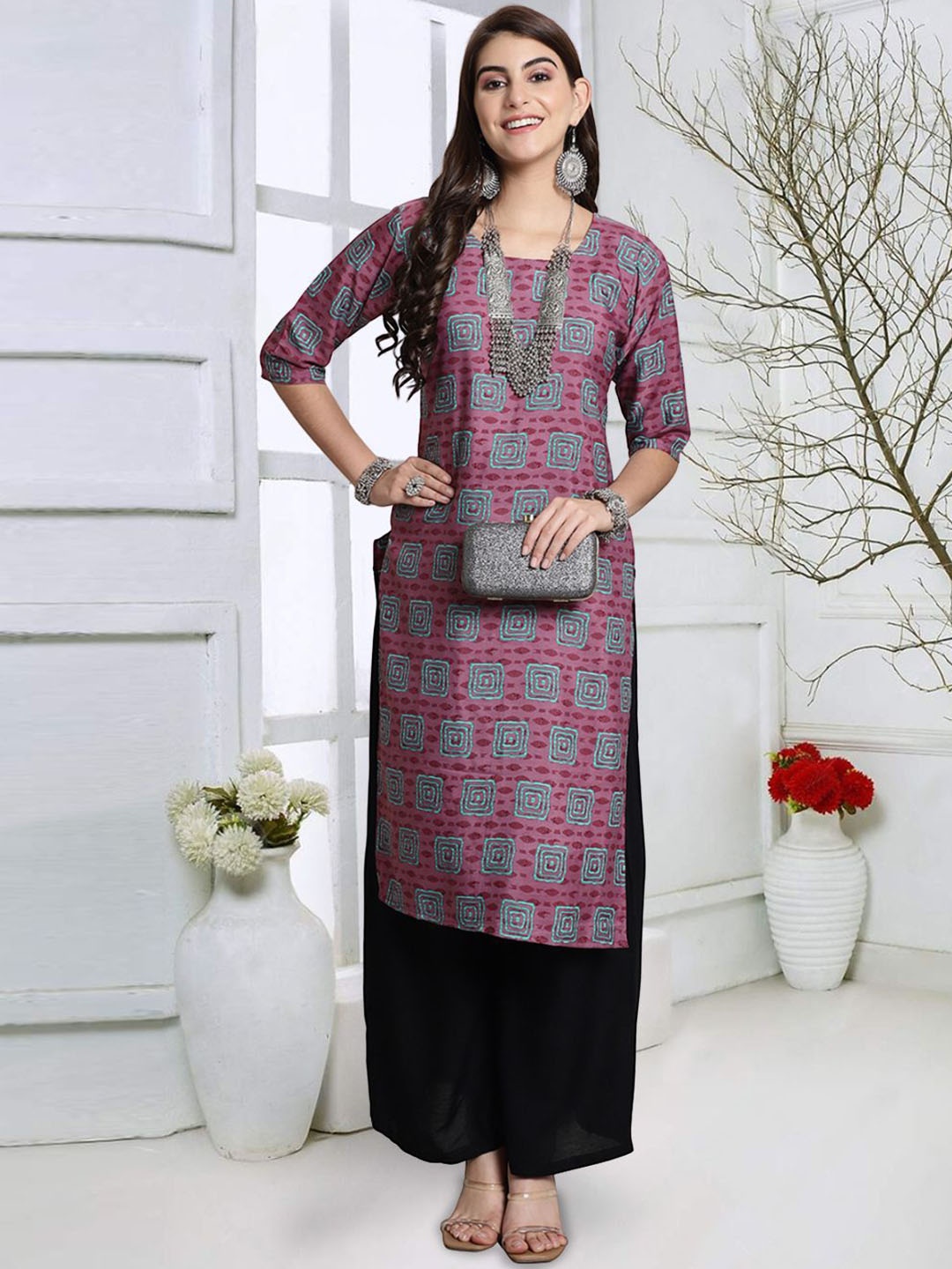 

7Threads Women Printed Keyhole Neck Flared Sleeves Floral Crepe Kurta, Multi