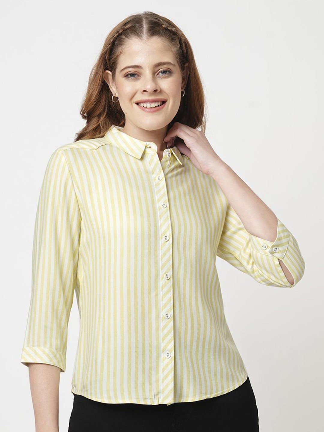 

Kraus Jeans Women Slim Fit Opaque Striped Casual Shirt, White