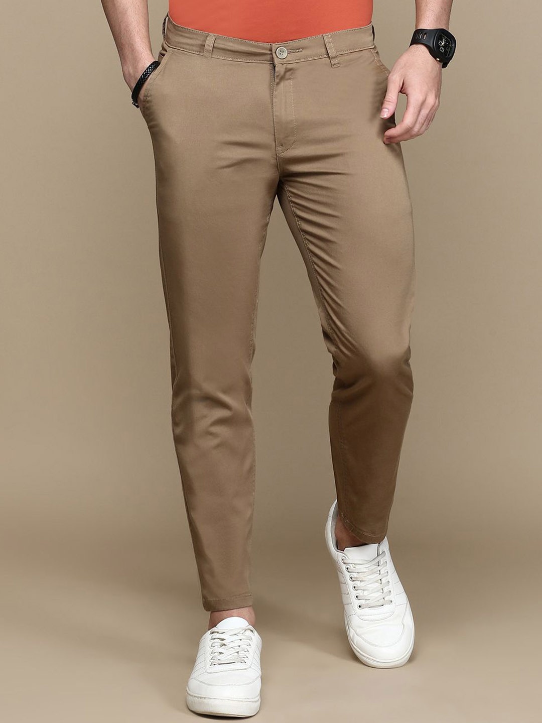 

Chennis Men Chinos Regular Cotton Fit Solid Trousers, Brown