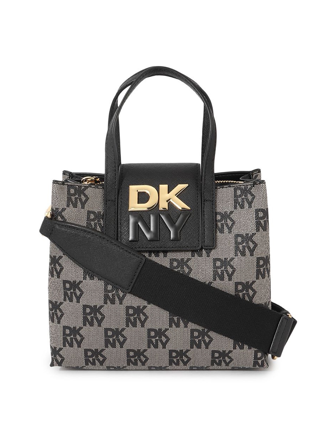 

DKNY Ethnic Motifs Printed PU Structured Handheld Bag with Cut Work, Black