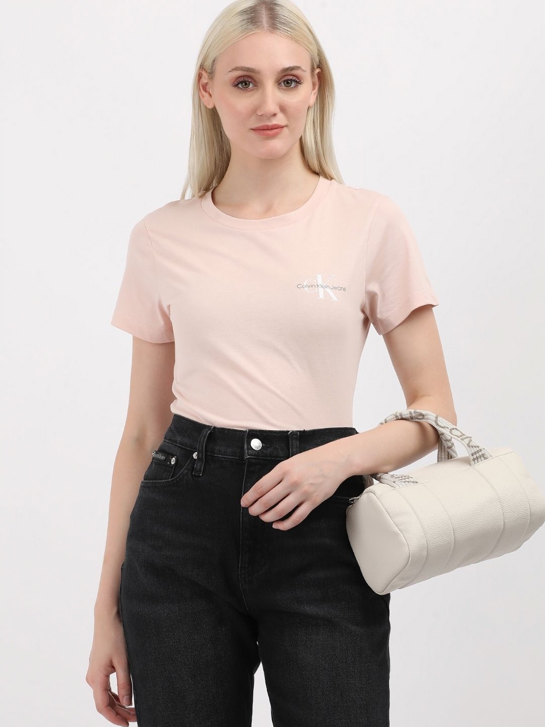 

Calvin Klein Jeans Women 2 Colourblocked Mandarin Collar Slim Fit T-shirt, Pink