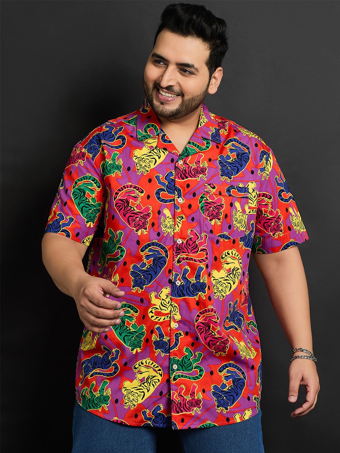 

bigbanana Plus Size Cuban Collar Animal Printed Cotton Casual Shirt, Purple