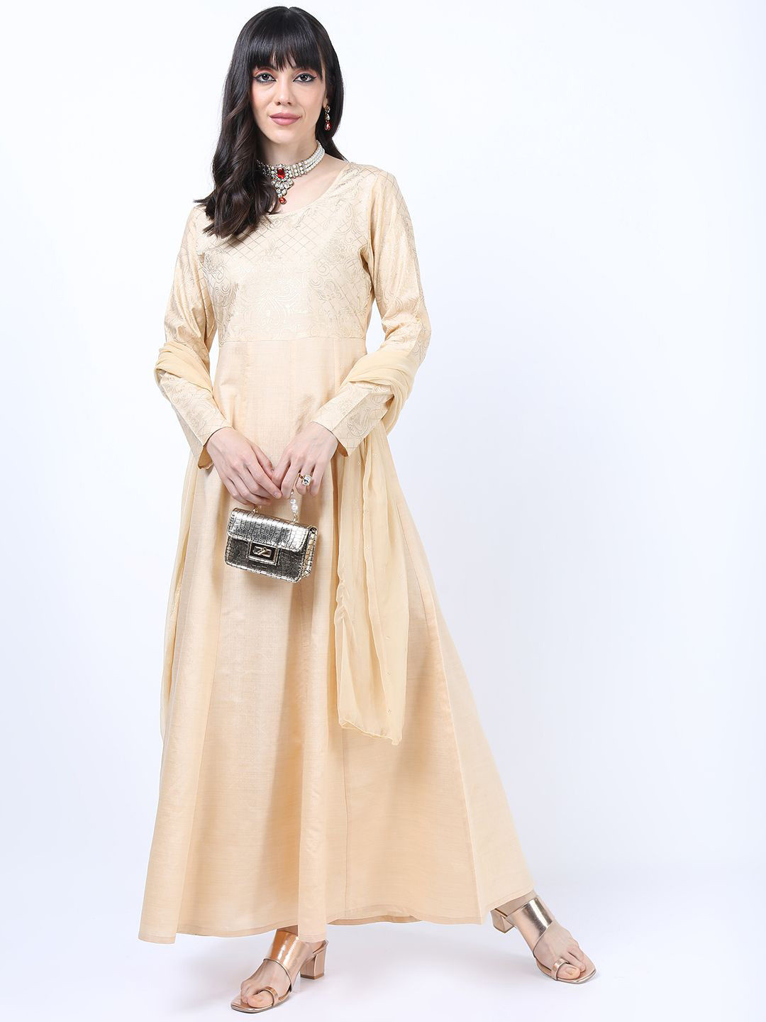 

Vishudh Printed Maxi Ethnic Dress With Dupatta, Beige