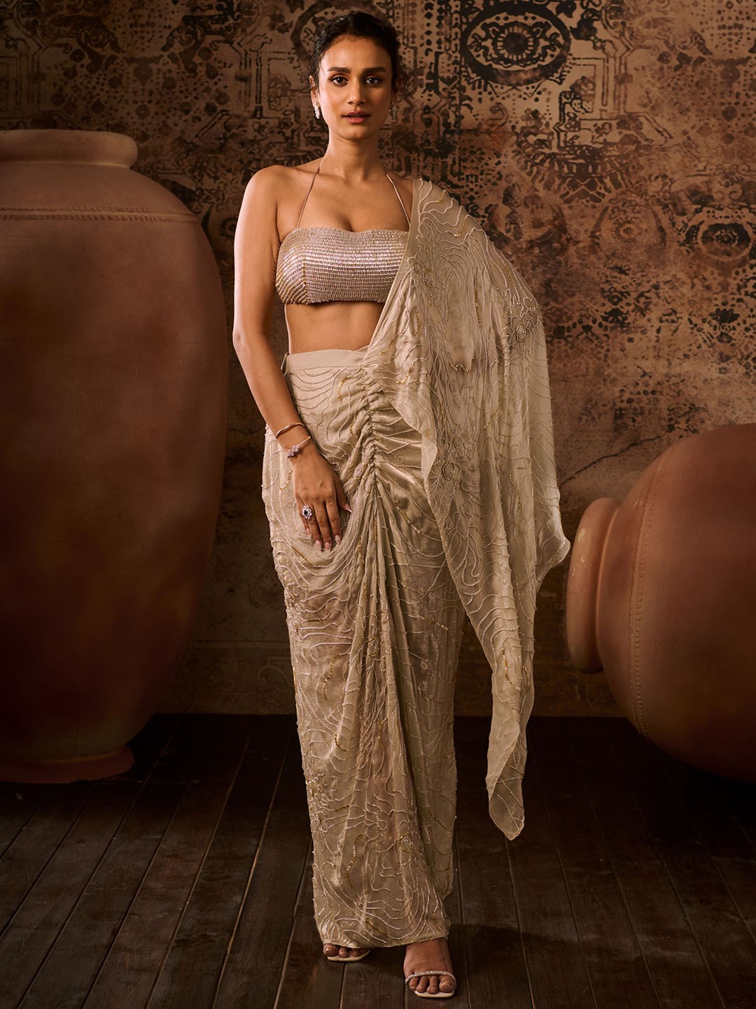 

Masumi Mewawalla Embroidered Top With Drape Skirt, Brown