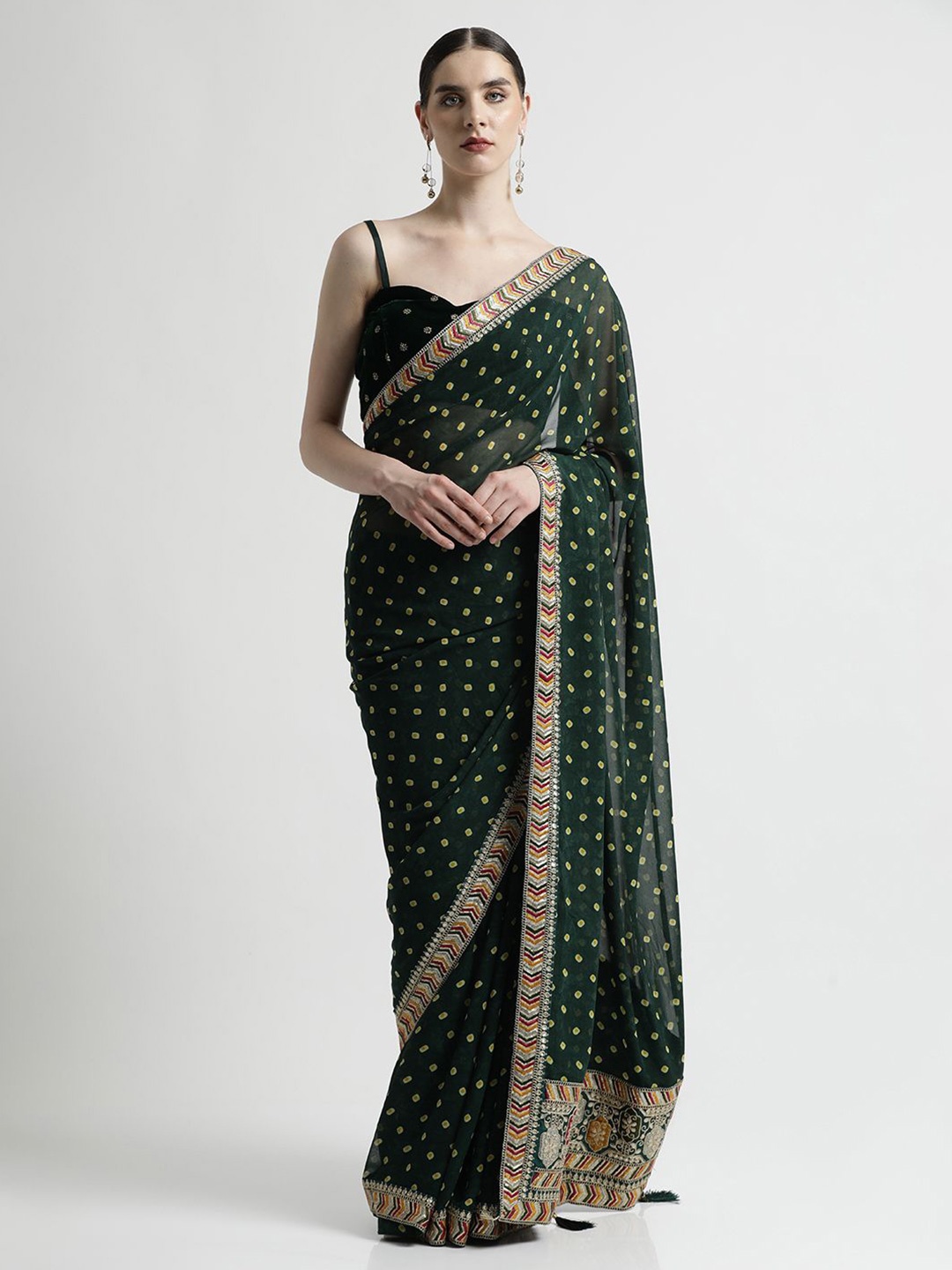 

Jaipur Kurti Bandhani Embroidered Printed Saree, Green