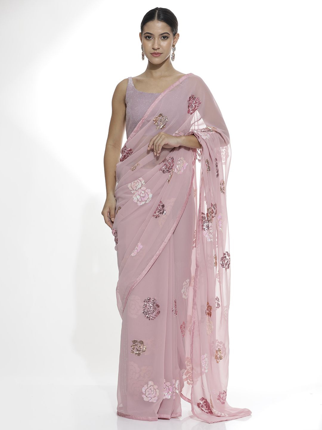 

Jaipur Kurti Floral Sequinned Pure Georgette Saree, Pink