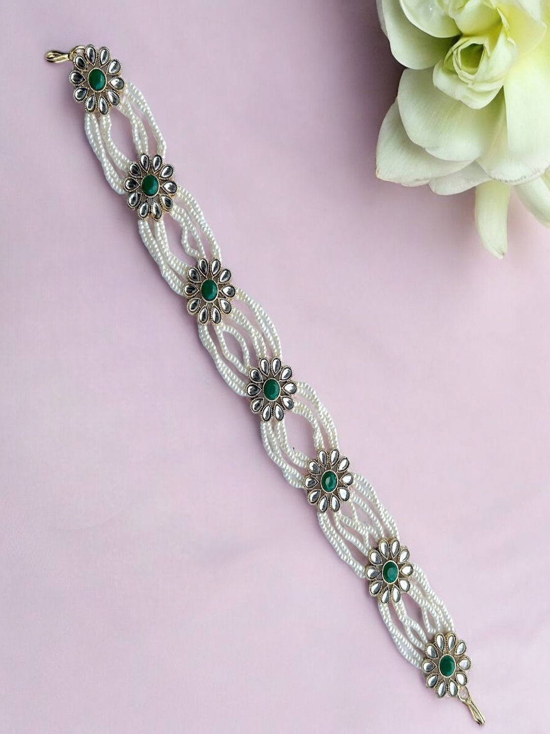 

AccessHer Brass-Plated Stones Studded & Beads Beaded Matha Patti, Green