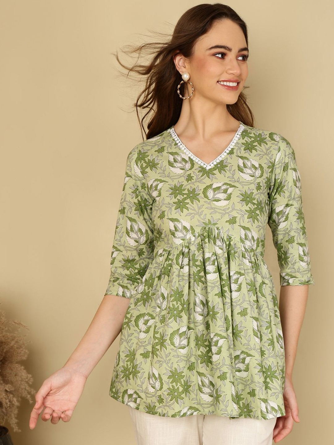 

NISHABD Floral Print Roll-Up Sleeves Cotton Empire Top, Blue