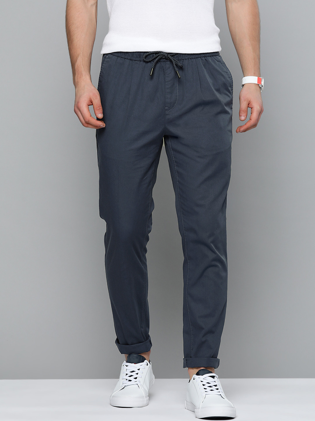 Mast & Harbour Men Navy Blue Regular Fit Cotton Solid Trousers