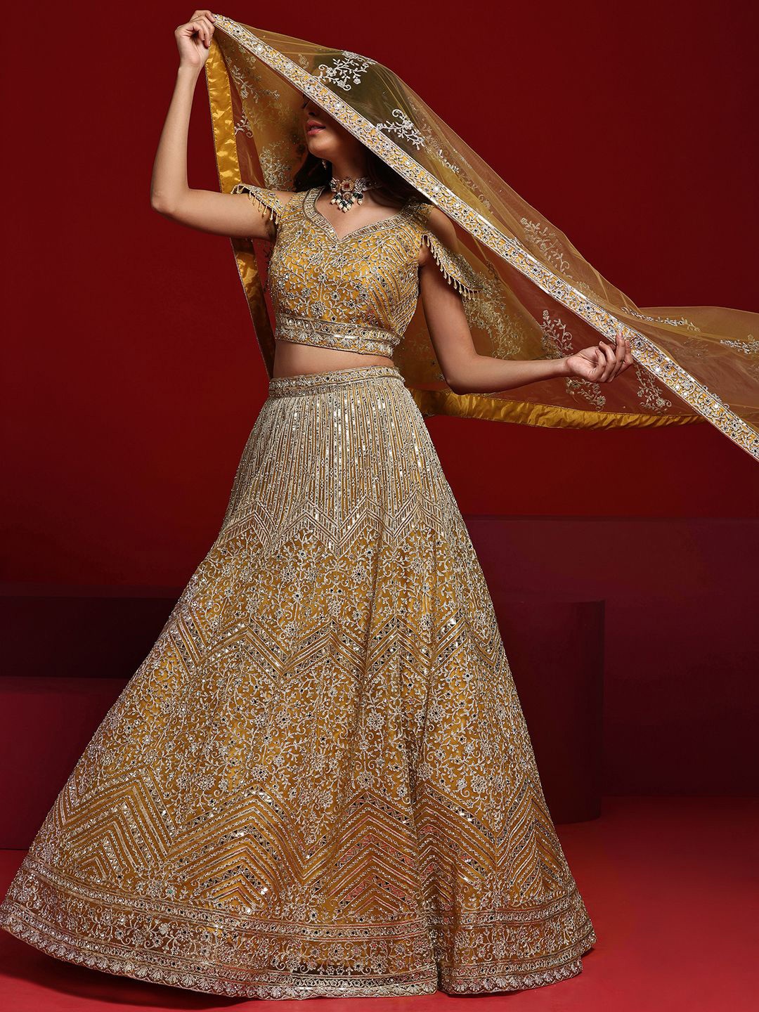 

Libas Art Embellished Mirror Work Ready to Wear Lehenga & Blouse With Dupatta, Mustard