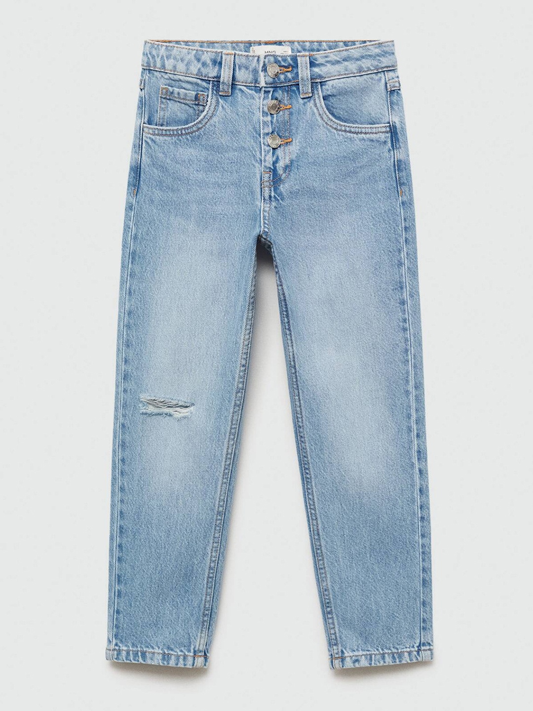 

Mango Kids Girls Cotton Mildly Distressed Light Fade Mom Fit Jeans, Blue