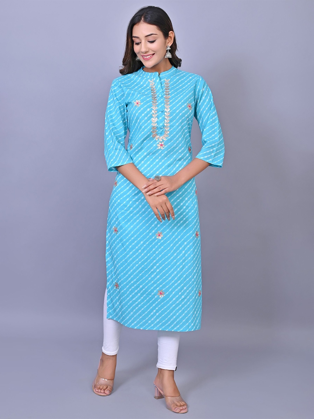 

Moktika Striped Printed Pure Cotton Straight Kurtas, Blue