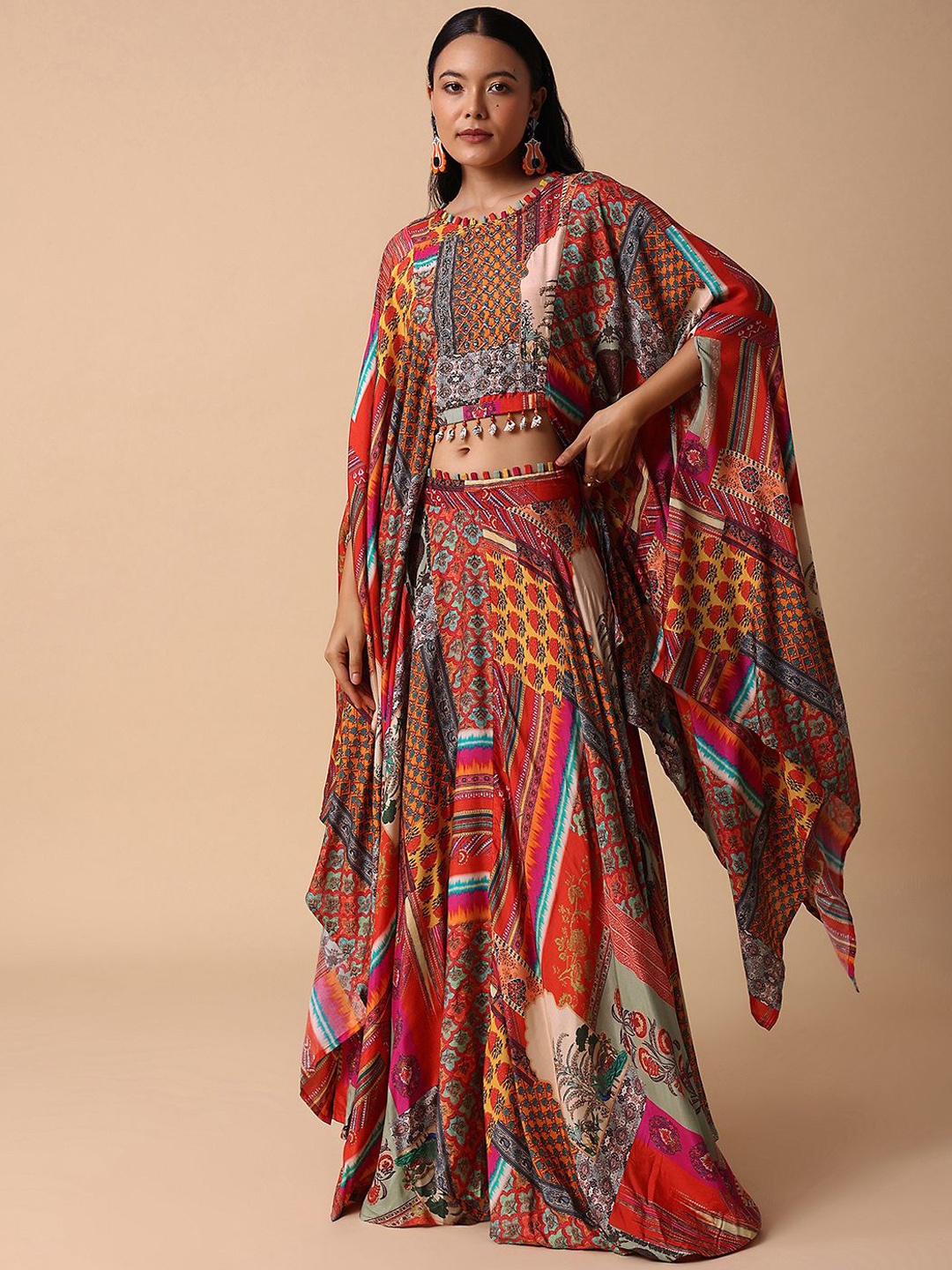 

KALKI Fashion Embroidered Crop Top With Printed Skirt, Orange