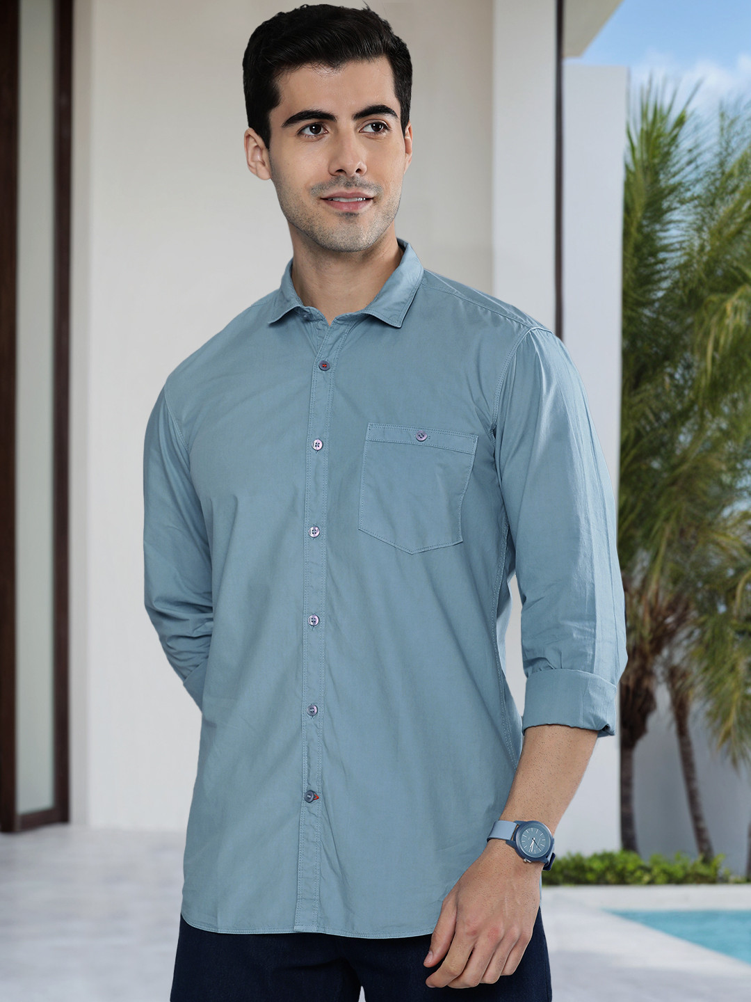 

Mast & Harbour Men Blue Solid Casual Pure Cotton Shirt