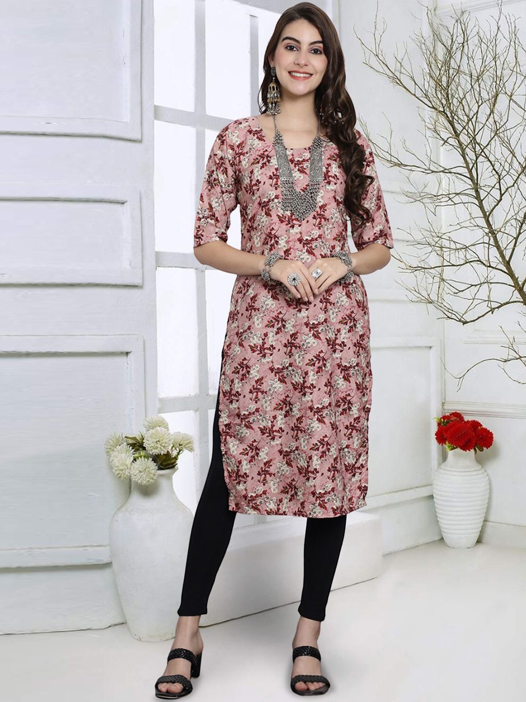 

7Threads Women Floral Printed Flared Sleeves Sequinned Floral Crepe Kurta, Multi