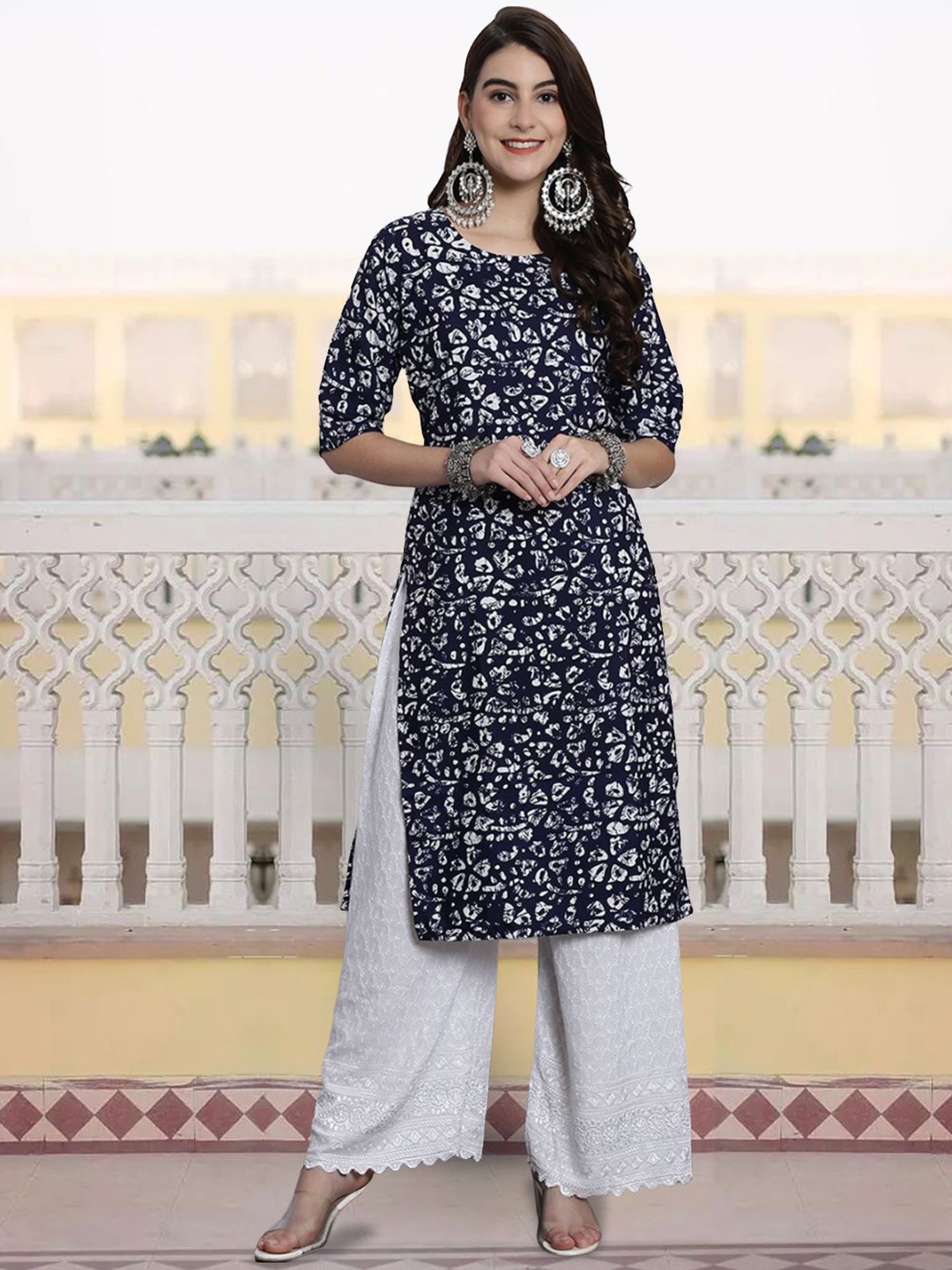 

7Threads Women Ethnic Motifs Printed Flared Sleeves Sequinned Floral Crepe Kurta, Multi