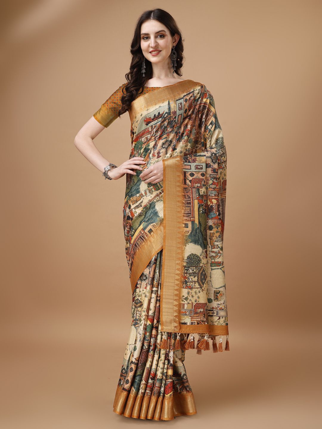 

Kaizen TEXO FAB Women Kalamkari Tussar Saree With Zari Boarder, Beige