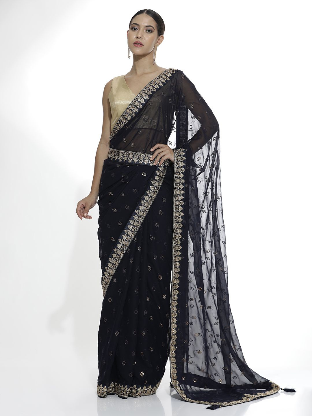 

Jaipur Kurti Embellished Embroidered Pure Georgette Saree, Blue