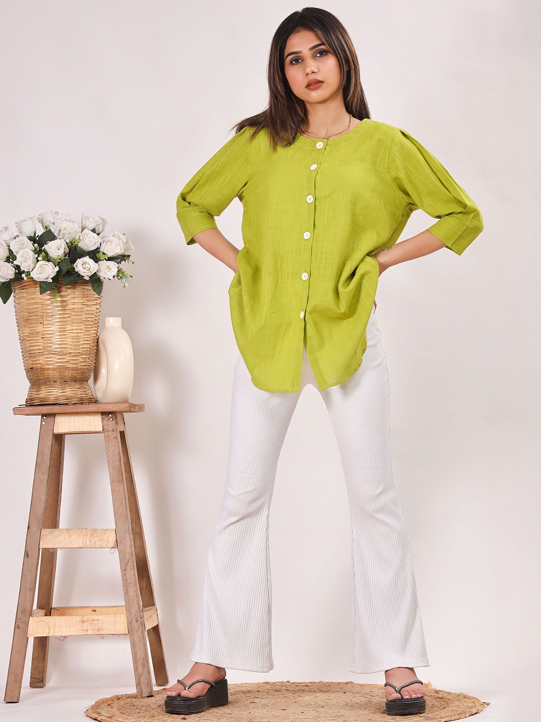 

SIDDHO HUM Mandarin Collar Ethnic Cotton Shirt Style Top, Green