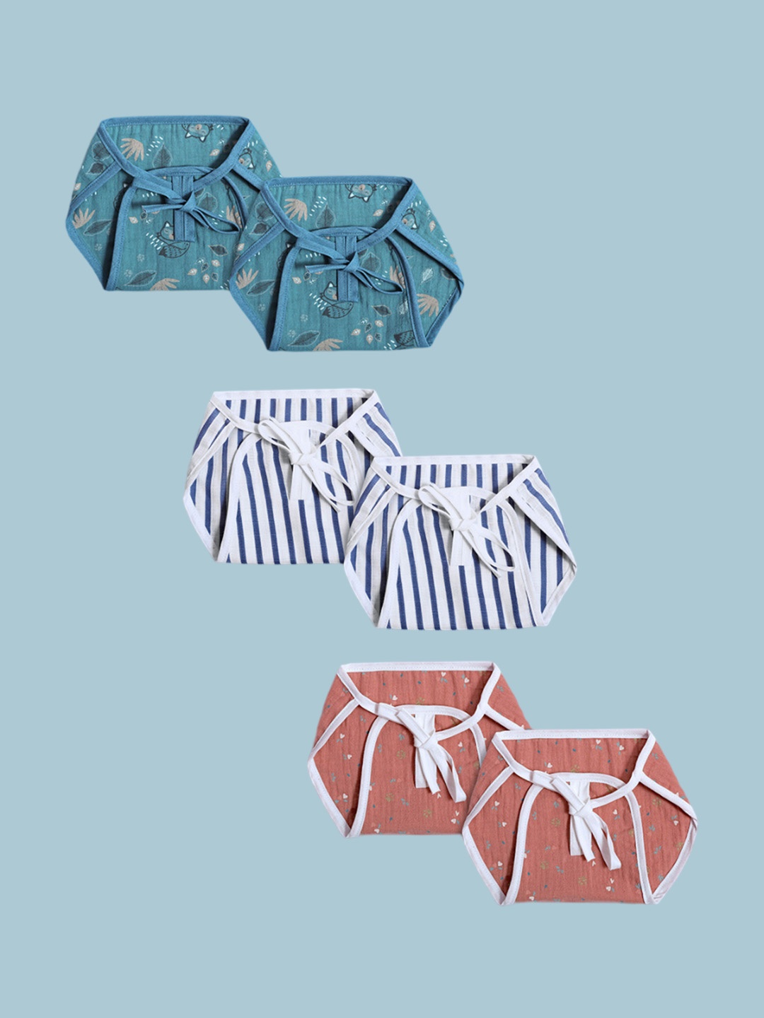 

OBOW Infants Set Of 6 Printed Organic Cotton Cushioned Cloth Diapers, Blue