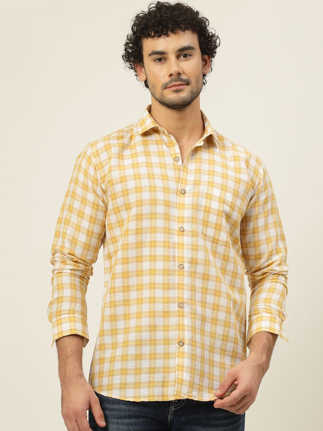 

JADEBERRY Men Classic Slim Fit Opaque Checked Casual Shirt, Yellow