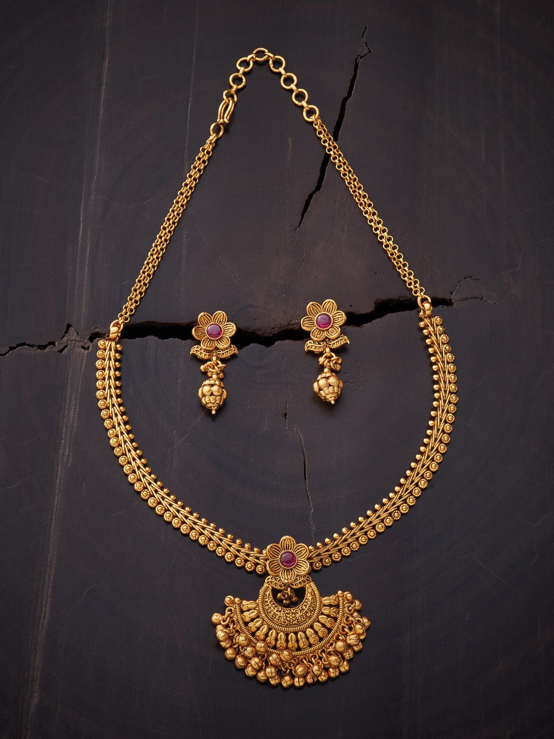 

Kushal's Fashion Jewellery Gold-Plated Ruby Studded Ethnic Antique Jewellery Set