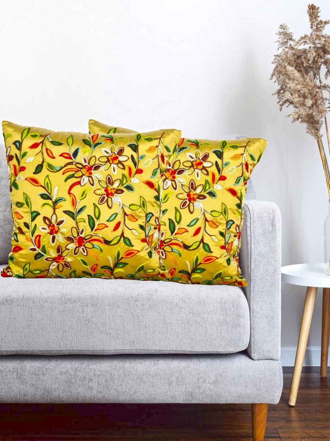 

Vinayaka Fab Yellow and Green 2 Pieces Silk Embroidered Square Cushion Covers