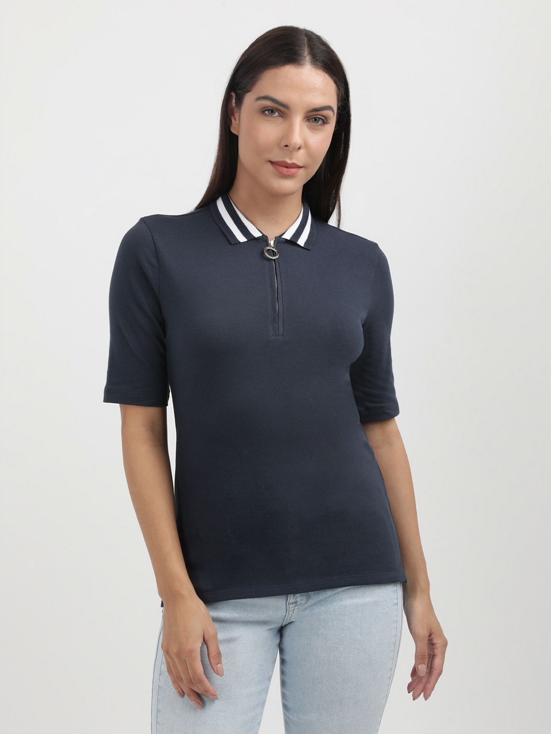 

Tommy Hilfiger Women Polo Collar Organic Cotton Pockets Slim Fit T-shirt, Navy blue