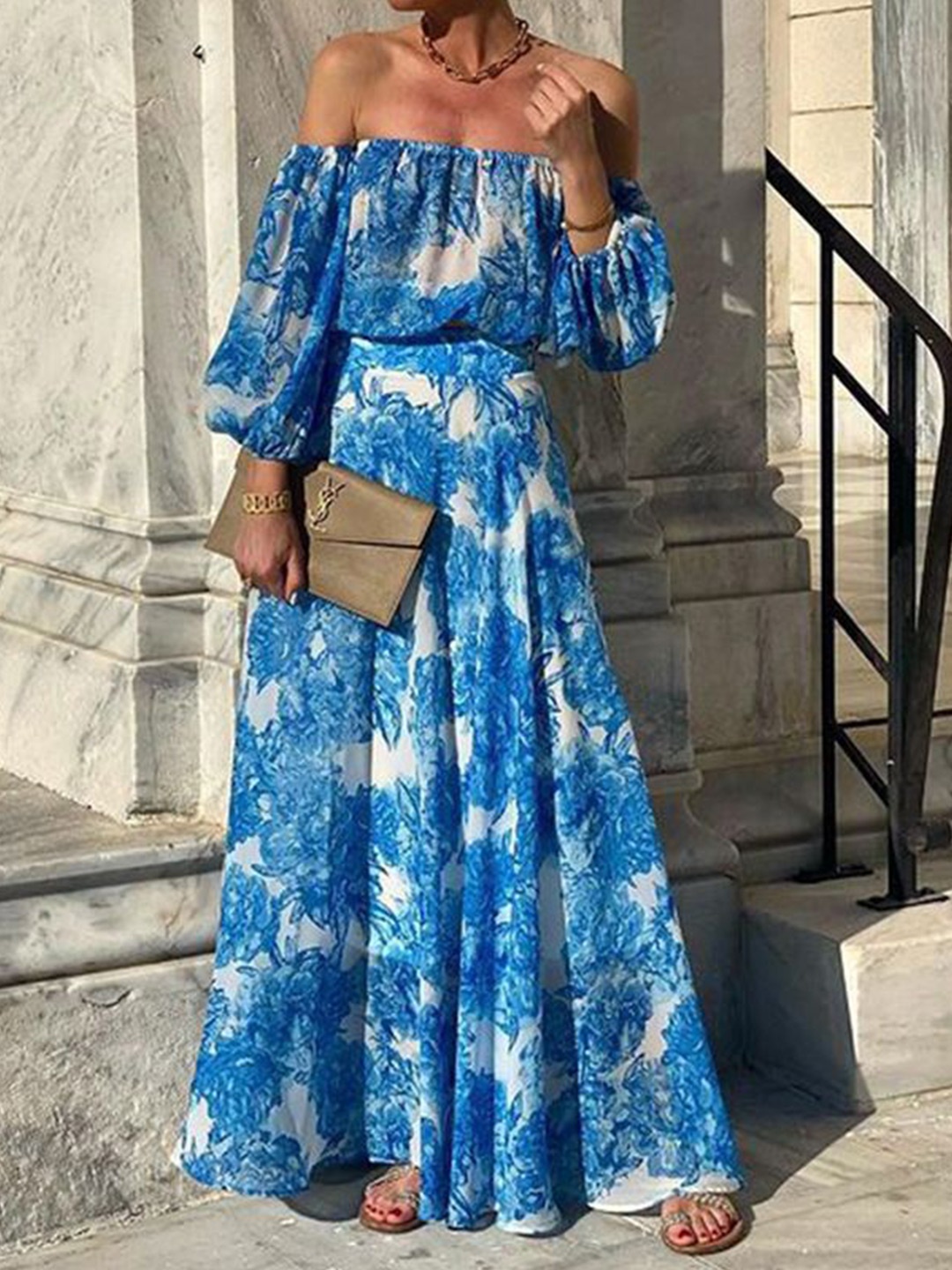 

HERE&NOW Tie and Dye Print Off-Shoulder Maxi Dress, Blue