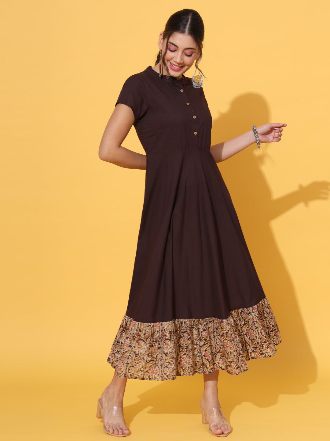 

KALINI Mandarin Collar Short Sleeves Cotton Maxi Dress, Brown